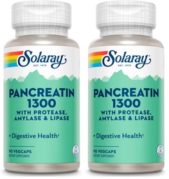 SOLARAY Pancreatin 1300, Pancreatic Digestive Enzymes with Protease, Amylase and Lipase, Plus Papain - Digestion Health Support, Lab Verified, 60 Day Guarantee, 90 Servings, 90 VegCaps (Pack of 2)