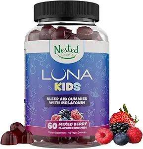 Nested Naturals Luna Kids Sleep Gummies - Non-Habit Forming Kids Melatonin Gummy with Valerian Root, Chamomile, and Lemon Balm - Children's Melatonin Sleep Aid - Mixed Berry, 60 Vegan Gummies