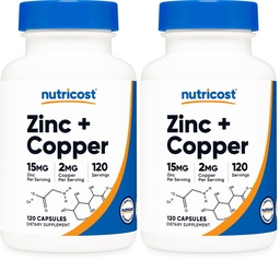 Nutricost Zinc + Copper Capsules (120 Servings)(15MG Zinc + 2MG Copper Per Serving) - Non GMO, Vegetarian (Pack of 2)