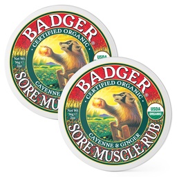 Badger Sore Muscle Rub, 100% Organic Sore Muscle Cream, Cayenne & Ginger Warming Sore Muscle Relief, Recovery & Relaxation, Long Lasting, Great Smelling, 2 oz Tin, 2-Pack
