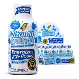 Vitamin Energy Blue Raspberry Twist Extra Strength Energy Shot, 10 Pack - Up to 7 Hrs, 260mg Natural Caffeine, Zero Sugar - Electrolytes + BCAAs, Hydration, B12 B6 Niacin, 1.93 fl oz, Keto Vegan