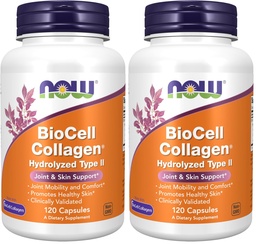 NOW Foods Supplements,BioCell Collagen® Hydrolyzed Type II,Clinically Validated,120 Veg Capsules,(Pack of 2)