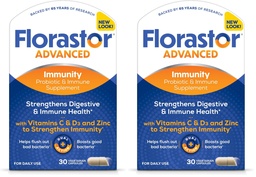 Florastor Advanced Immunity Boost Daily Probiotic & Immune Support Supplement for Women and Men, Saccharomyces Boulardii CNCM I-745 Plus Zinc, Vitamin C & D3 (30 Capsules) (Pack of 2)