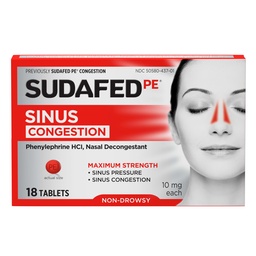 Sudafed PE Sinus Congestion Relief Tablets, 10 mg Phenylephrine HCl, 18 ct | Maximum Strength, Non-Drowsy Decongestant for Sinus Pressure & Nasal Congestion Relief from Colds or Allergies