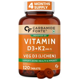 Carbamide Forte Vitamin D Tablets | Vitamin D3 K2 Supplement to support Bone & Heart Health | Veg D3 Lichen -120 Tablets