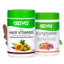 OZiva Hair Vitamin Capsules for Hair Growth & Hair Fall Control,100% Natural with Biotin, Iron, 60 Capsules and OZiva Plant Based Glutathione Builder for Skin Glow & Anti-Ageing 60 cap