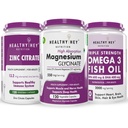 HealthyHey Nutrition Zinc citrate 120 capsules & Fish oil 60 softgels & Magnesium Glycinate 120 capsules