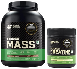 OPTIMUM NUTRITION (ON) Serious Mass High Protein High Calorie Weight Gainer Powder - 3 kg (Chocolate) & (ON) Micronized Creatine Powder - 100 Gram, Unflavored., 2 count, 33 servings