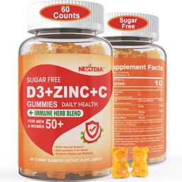 Sugar Free Vitamin C + D3 + Zinc Gummies for Adults 50 +, 9 in 1 Immune Defense Supplement with D3 5000IU, Elderberry, Echinacea, Mullein Leaf for Boost Immunity, Power Antioxidant, Vegan (Pack of 1)