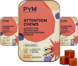PYM Attention Chews Support for Procrastination, Focus & Productivity, 60 Count | 518mg L-Carnitine, 54mg Tyrosine, 11mg L-Taurine - Caffeine-Free | All-Natural Mood Boost Supplement Made in USA