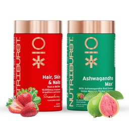 Nutriburst Super Relax & Glow Combo: Biotin for Healthy Hair, Skin & Nails + Ashwagandha Max 500mg for Stress Relief & Vitality | Beauty, Energy & Wellness | No Added Sugar (Pack of 2X60)