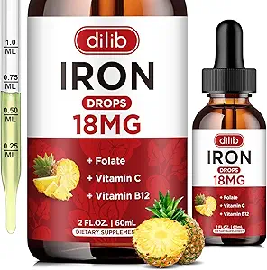 Liquid Iron Supplement for Women & Men Iron Drops Iron Supplements for Anemia with Folate, Vitamin C, B12 for Red Blood Cell Support-Grape, 2 Fl Oz