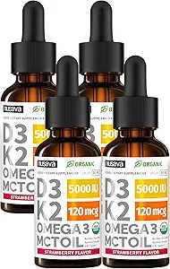 (4 Pack) Organic Vitamin D3 K2 Drops with MCT Oil Omega 3, 5000 IU - Maximum Strength Vitamin D Liquid, No Fillers, Non-GMO Liquid D3 for Faster Absorption and Immune Support (Strawberry, 4 Fl Oz)