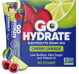 GoHydrate Low Sodium Electrolytes Powder Packets Sugar Free - Instant Hydration Daily Drink Mix - Zero Sugar Water Flavor Packet Singles with Vitamin D - (Cherry Limeade, 30 Packs)