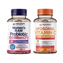 Wholesome Wellness Probiotics for Women 100 Billion CFUs with Prebiotics, Digestive Enzymes + Liposomal Vitamin C Capsules High Absorption, Ascorbic Acid Supplement Bundle