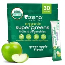 Zena Nutrition Organic Super Greens Powder, 70+ Superfoods, 0 Sugar, 3g Fiber, Spirulina, Chlorella, Mushrooms, Prebiotics/Probiotics, Digestive Enzymes, Gut Health, Green Apple, 30 Drink Mix Packets