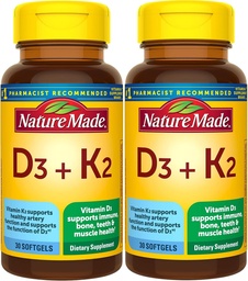 Nature Made Vitamin D3 K2, 5000 IU (125 mcg) Vitamin D, Dietary Supplement for Bone, Teeth, Muscle and Immune Health Support, 30 Softgels, 30 Day Supply - Pack of 2