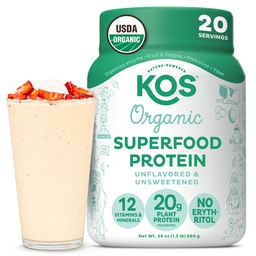 KOS Vegan Protein Powder, Unflavored & Unsweetened - Low Carb Pea Protein Blend, Organic Superfood Rich in Vitamins & Minerals - Keto, Soy, Dairy Free - Meal Replacement for Women & Men - 20 Servings