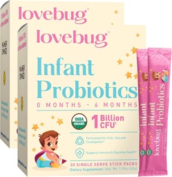 Lovebug Infant Probiotics 0-6 Months - USDA Organic Probiotics for Babies, Supports Baby Gas, Colic, Reflux, Diarrhea and Newborn Constipation Relief, Allergen & Sugar Free, Tasteless Powder, 60 Count