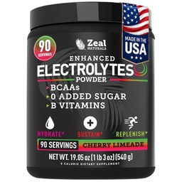 Zeal Electrolyte Powder - 90 Servings | Keto Electrolytes Powder | Zero Sugar, BCAAs, B-Vitamins | Potassium, Zinc, Magnesium | Hydration Powder Recovery Drink | Cherry Limeade