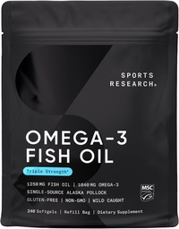 Sports Research Triple Strength Omega 3 Fish Oil - Burpless Fish Oil Supplement w/EPA & DHA Fatty Acids from Wild Alaskan Pollock - Heart, Brain & Immune Support for Men & Women - 1250 mg, 240 ct