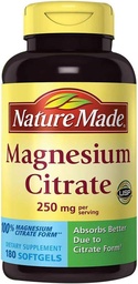 Nature Made Magnesium Citrate 250 mg Dietary Supplement (Netcount 180 Soft Gels), 180Count