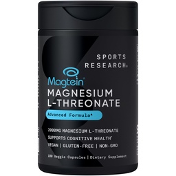 Sports Research® Magnesium L-Threonate Capsules 2000mg - High-Absorption Magtein® for Enhanced Brain Health, Memory, Focus & Restful Sleep Support - Vegan · Non-GMO · Gluten Free - 180 Count