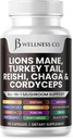 Lions Mane Supplement Cognitive Support, Immune Health with Turkey Tail 20in1 Mushroom Reishi Cordyceps Chaga with Marshmallow Root 60 Count