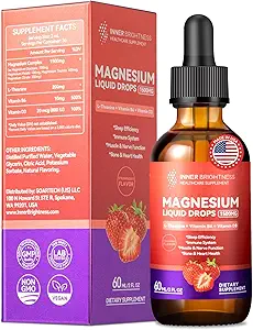 Magnesium Glycinate Liquid Drops 1500mg with Magnesium Citrate & Taurate, L-Theaine, Vitamin D3, B6, Supports Calm, Sleep, Muscle Relaxation, Leg Cramps & Energy, Strawberry Flavor, 60 mL
