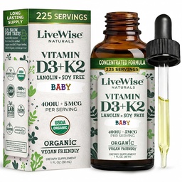 Live Wise Naturals Organic Vitamin D3 K2 Liquid Drops for Babies, Concentrated Formulation, 225 Servings, (MK-7), Micro-Dose Dropper, Gentle Daily Supplementation, Early Development, Precise Dosing