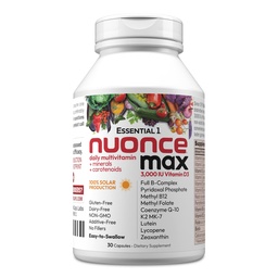 ANDREW LESSMAN Essential-1 nuonce max Multivitamin 3000 IU Vitamin D3 30 Small Capsules. 100 mcg Methyl B12. CoQ10 Lutein Lycopene Zeaxanthin. High Potency. No Additives. Ultra-Mild One Daily Capsule
