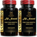 L-LYSINE 500 mg Essential Amino Acid - Provides Balance to a High Intake of Arginine L lysine Supplement Promotes Energy, Boosts Immunity System - 2 Bottles 200 Counts