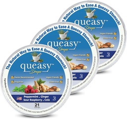 Three Lollies Queasy Drops - Relief from Nausea & Travel Sickness - Relieves a Dry Mouth & Settles The Stomach - Natural Ingredients - 4 Flavors - 21ct (Pack of 3)
