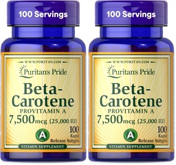 Puritan's Pride Beta Carotene Provitamin A 7,500mcg (25,000 IU), Vitamin Supplement for Immune System, Antioxidant and Eye Health Support, 100 Day Supply, 100 Rapid Release Softgels (Pack of 2)