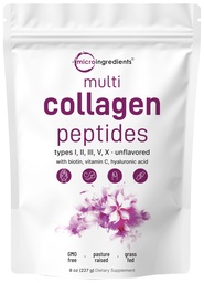 Micro Ingredients Multi Collagen Peptides Powder, 8oz – Hydrolyzed Type I,II,III,V,X with Biotin, Hyaluronic Acid, Vitamin C – Unflavored Collagen for Women & Men, Easy Dissolve, 20 Servings