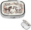 Pill Box Flowers and Horses Hand Drawn Square Pill Case for Purse & Pocket 2 Compartment Medicine Pill Organizer Portable Travel Pillbox Medicine Vitamin Cod Liver Oil Storage Box