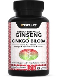 X Gold Health Korean Red Panax Ginseng + Ginkgo Biloba – 7% Ginsenosides Extra Strength – Energy, Memory, Focus & Brain Support – Premium Supplement for Men & Women – Non-GMO, 60 Vegan Capsules