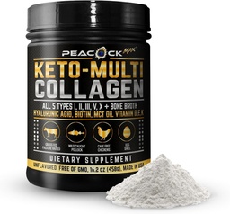 Keto Multi Collagen Peptides 16.2 oz - Bone Broth Protein Powder, with 5 Types Hydrolyzed Collagen, MCT Oil & Biotin for Skin, Joints, Hair & Nails, Unflavored Collagen Powder