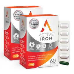 Active Iron Supplement 25mg, Clinically Proven to Increase Iron & Energy Levels, Maximum Absorption, Gentle, Non-Constipating, Avoids Nausea & Side Effects, 120 On-the-Go Foil Protected Capsules