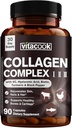 Collagen Peptides Complex, Type I, II, III, 2025 MG, Hydrolyzed Multi Collagen, VC, Biotin, HA, Turmeric & Black Pepper, for Skin, Hair, Nails, 90 Caps