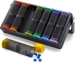 Weekly Pill Organizer 2 Times a Day, KOVIUU Large Travel Pill Box 7 Day, Am Pm Twice Daily Pill Case with Rotatable Handle, Pill Holder Container for Vitamin, Medicine, Supplement, Translucent-Black