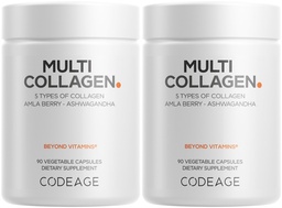Codeage Multi Collagen Capsules – 5 Collagen Types I, II, III, V & X – Hydrolyzed Grass-Fed Bovine Protein with Ashwagandha, Amla, and Vitamins - 2-Pack