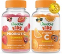 Lifeable Probiotic 2 Billion CFU Kids + Vitamin C Kids, Gummies Bundle - Great Tasting, Vitamin Supplement, Gluten Free, GMO Free, Chewable Gummy