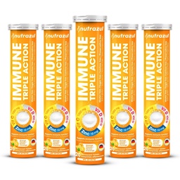 nutrazul Immune Triple Action Effervescent Tablets with Vitamin C 1000mg, Vitamin D, Zinc, Support Daily Routine, Gluten-Free, Sugar-Free, Lactose-Free, Orange Flavor, 20 Tablets (Pack of 5x20)