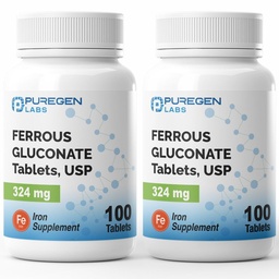 Puregen Labs Ferrous Gluconate 324 mg [High Potency] Iron Supplement, Gentle on Stomach | 2 Pack - 200 Tablets Total