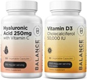 Balancebreens Pure Hyaluronic Acid 250mg with Vitamin C 50mg + Vitamin D3 50,000 IU Supplement Combo