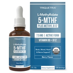Organic L Methylfolate 7.5 mg Plus Methyl B12 Cofactor - Metabolically Active 5-MTHF Form, Superior Form of Folate - Organic Berry Flavor, Liquid Sublingual Form – Mood, Cognition, Methylation (1oz)