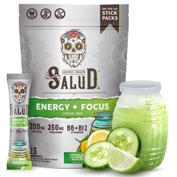 Salud 2-in-1 Energy Drink Powder + Focus, Cucumber Lime, Organic Caffeine, B6 + B12, Theanine, Clean Energy Drink Packets, Agua Fresca Mix, Non-GMO, Gluten Free, Vegan, 1g of Sugar, (15 Servings)